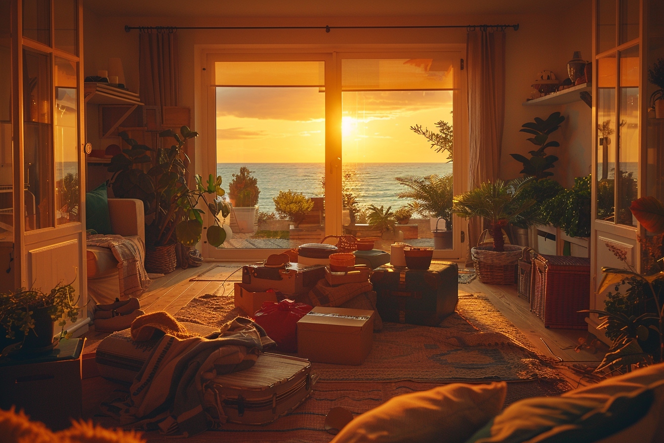 Salon cosy, coucher de soleil, vue sur mer.