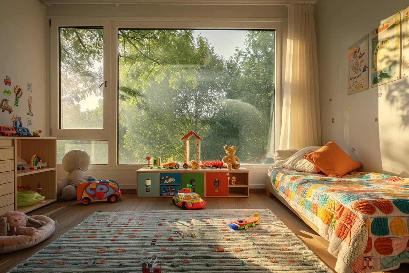 Chambre d'enfant colorée et écologique décorée avec des matériaux recyclés pour un espace de jeu inventif